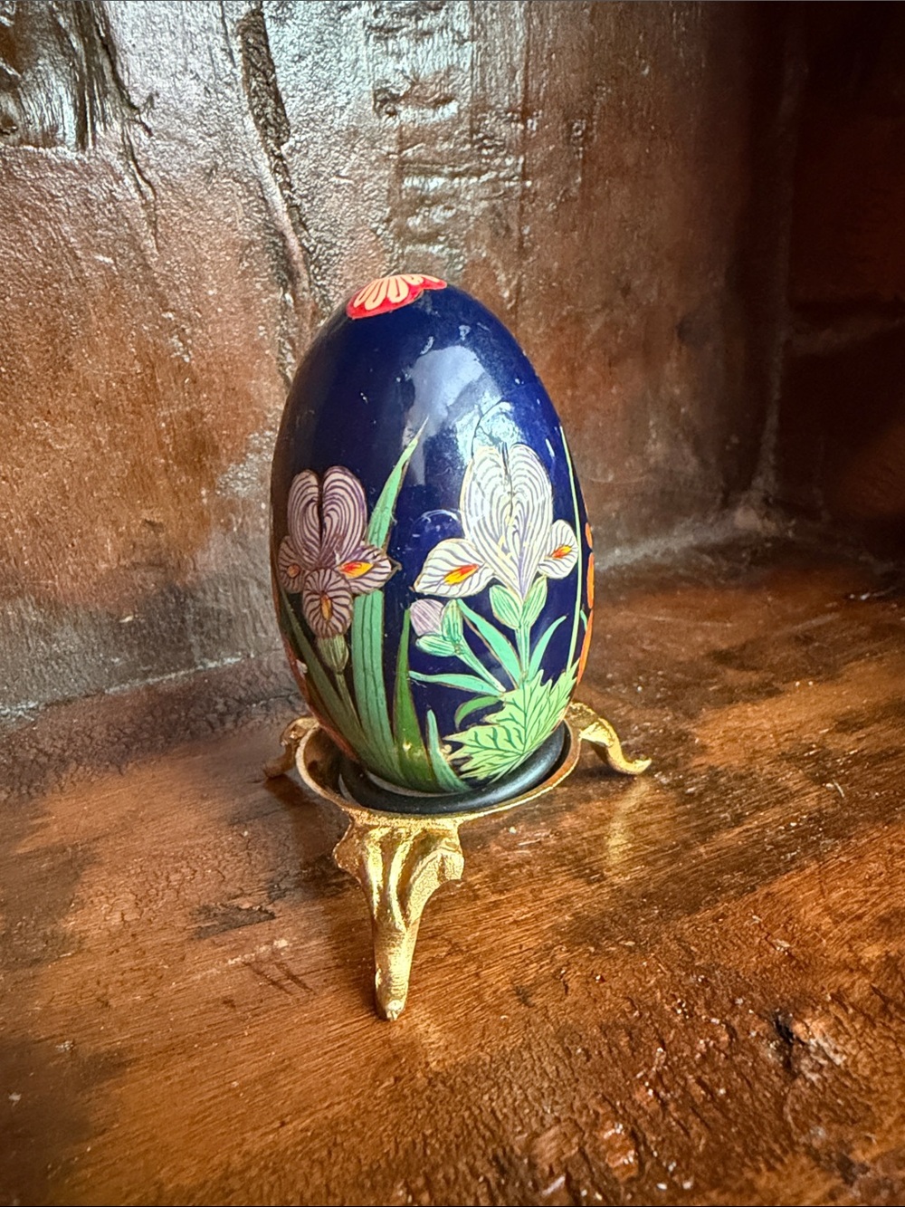 Hand painted Wood Blue Floral Decorative Egg Vintage
